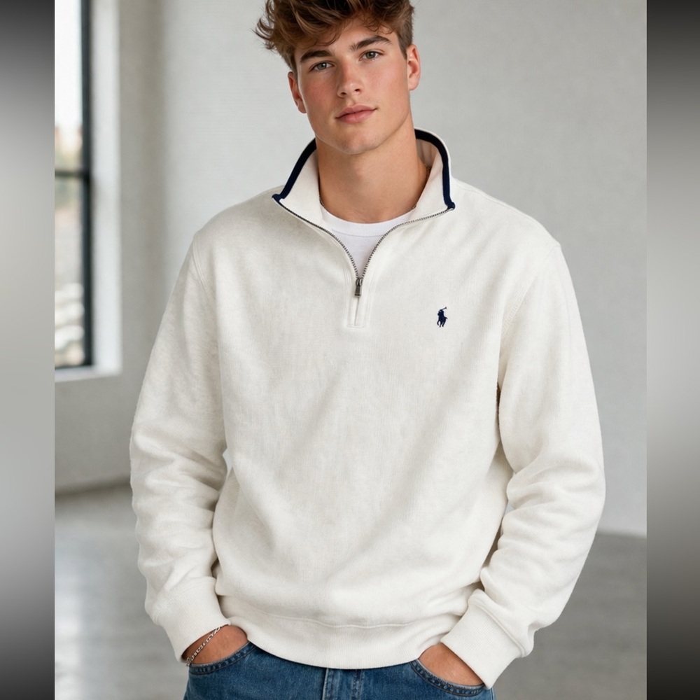 Polo Ralph Lauren Boys XL18-20= Mens Med Quarter Zip Pullover Cream Sweater Logo
